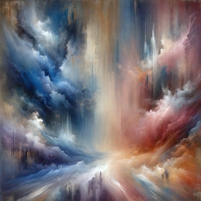 The primary subject of the image is a painting featuring a blue and pink sky with clouds. The setting is a painting of a sky, and the visual style is a painting. The dominant colors are blue and pink, creating a warm and vibrant atmosphere.